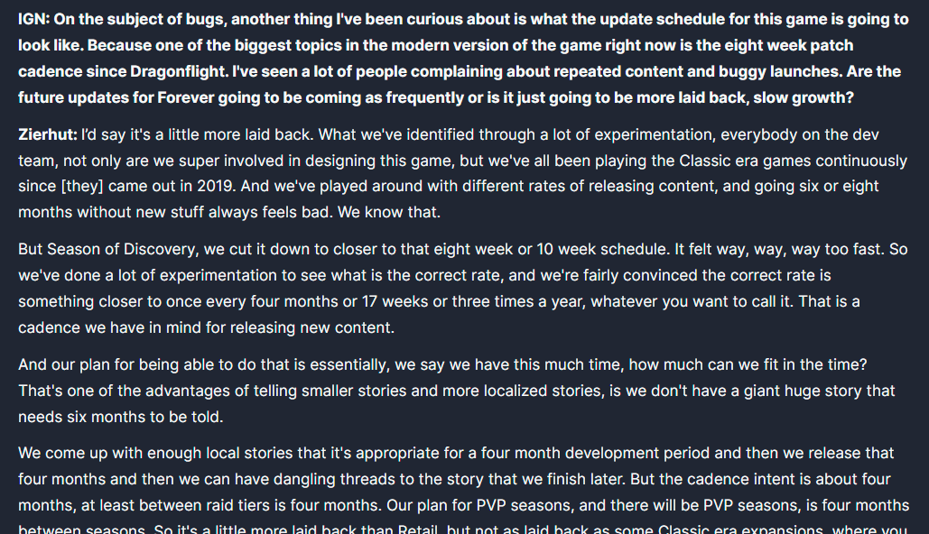 Extrait de l'interview d'IGN où Kris Zierhut fixe la cible d'une mise à jour tous les quatre mois et annonce des saisons JcJ