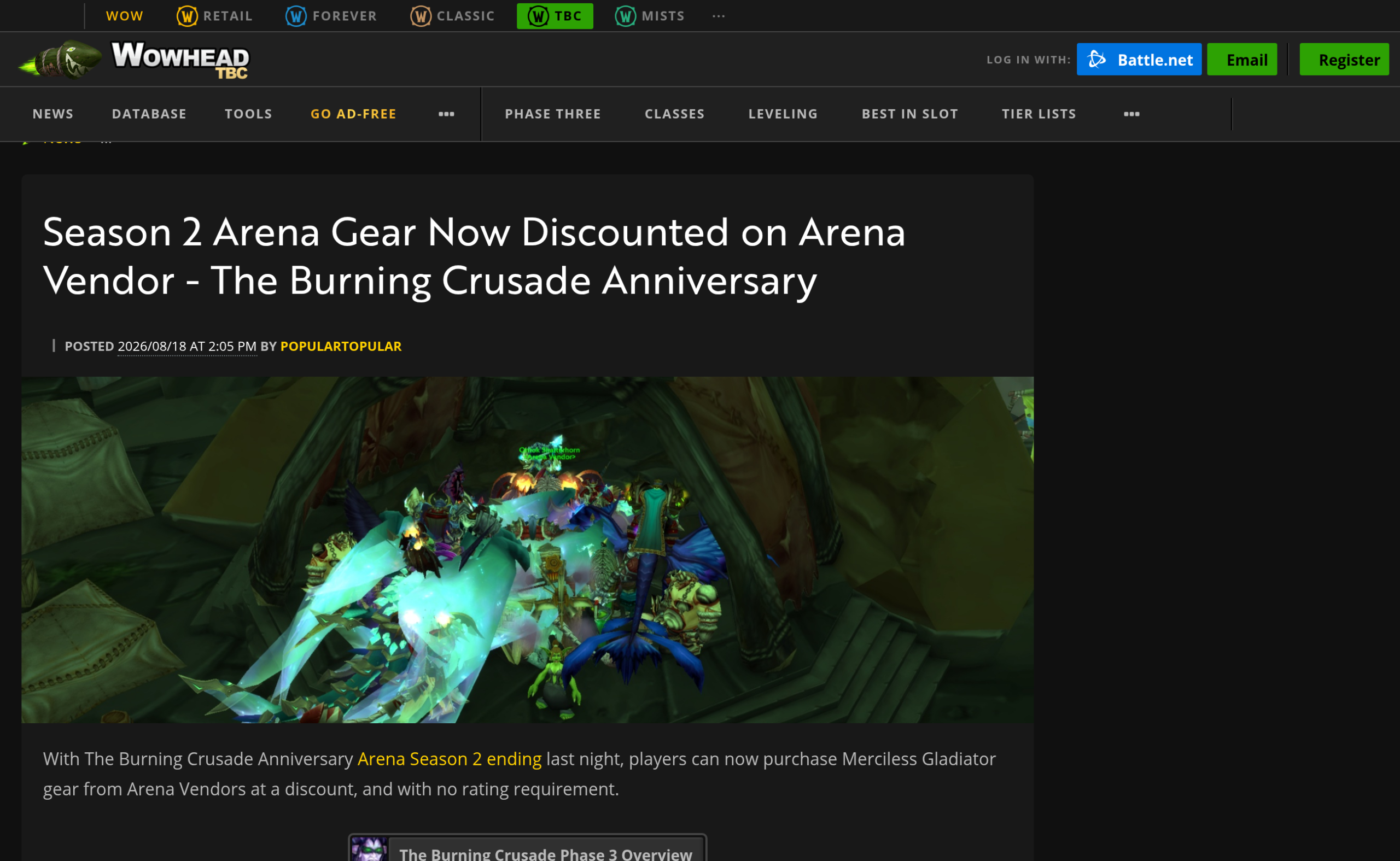 Article de Wowhead du 18 août 2026, signé PopularTopular, sur la remise de l'équipement de Saison 2 chez les vendeurs d'arène
