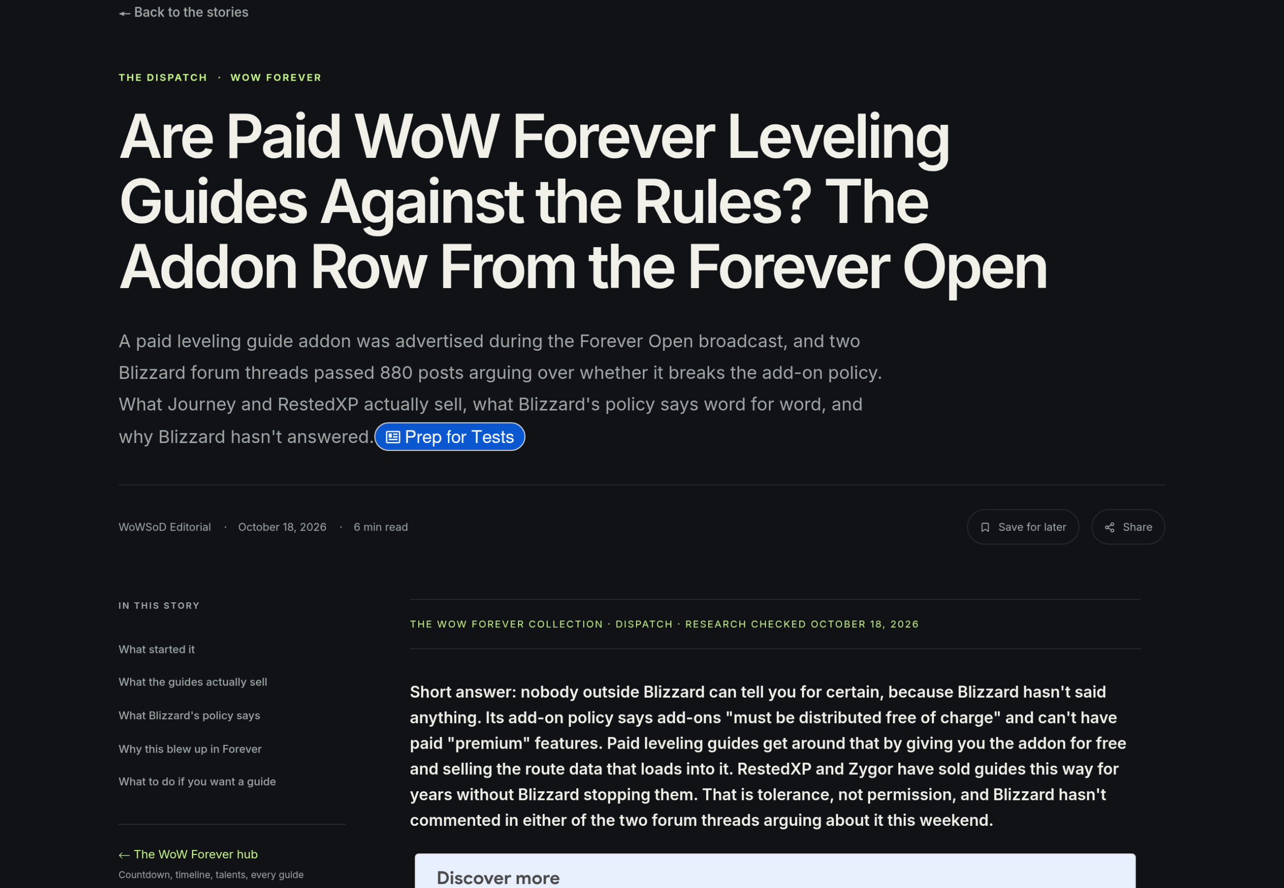 Capture de la page de l'analyse de WoWSoD sur les guides de leveling payants de WoW Forever, avec son titre, son auteur et le début du texte
