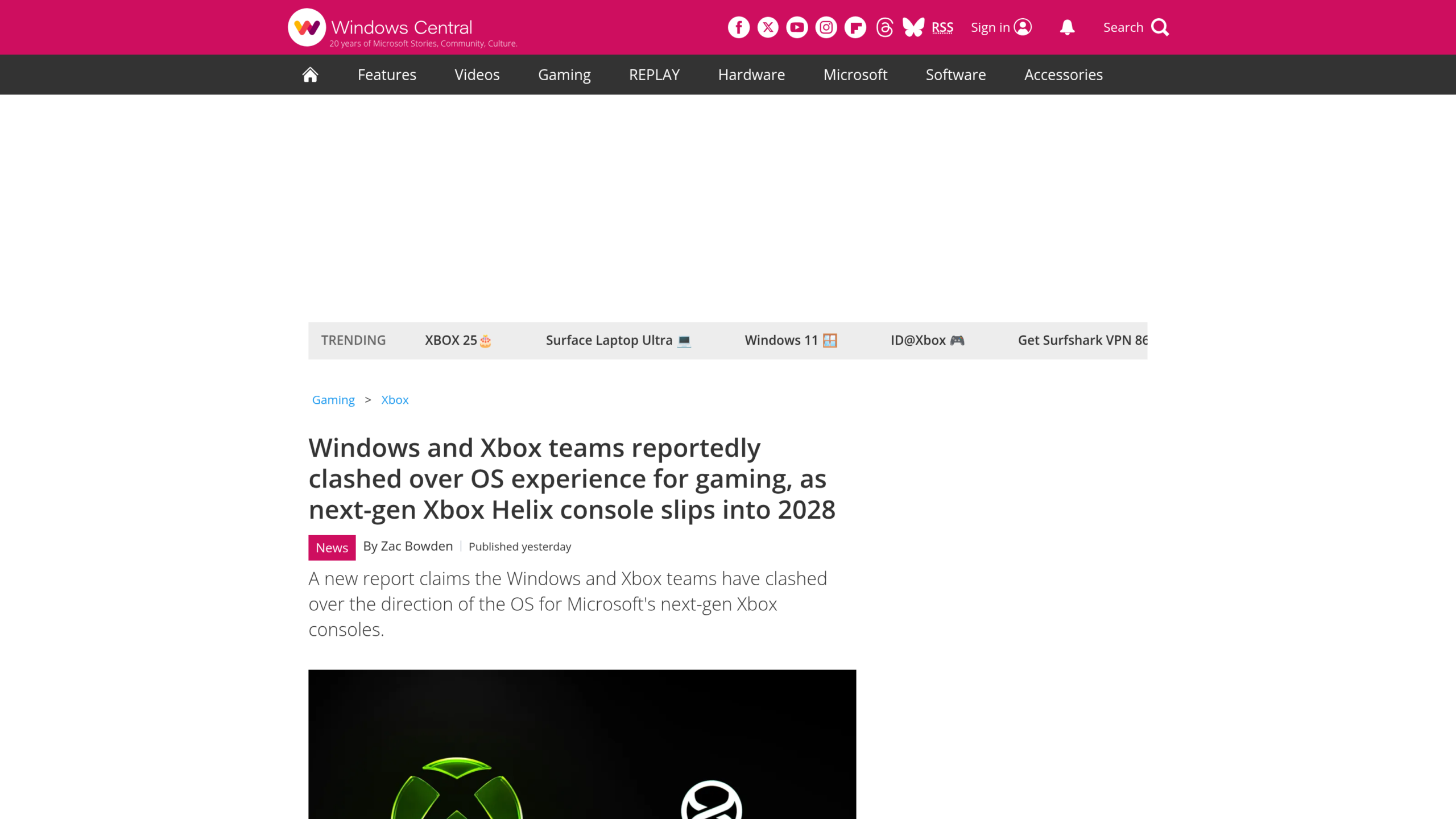 Article de Windows Central signé Zac Bowden, titré Windows and Xbox teams reportedly clashed over OS experience for gaming, as next-gen Xbox Helix console slips into 2028