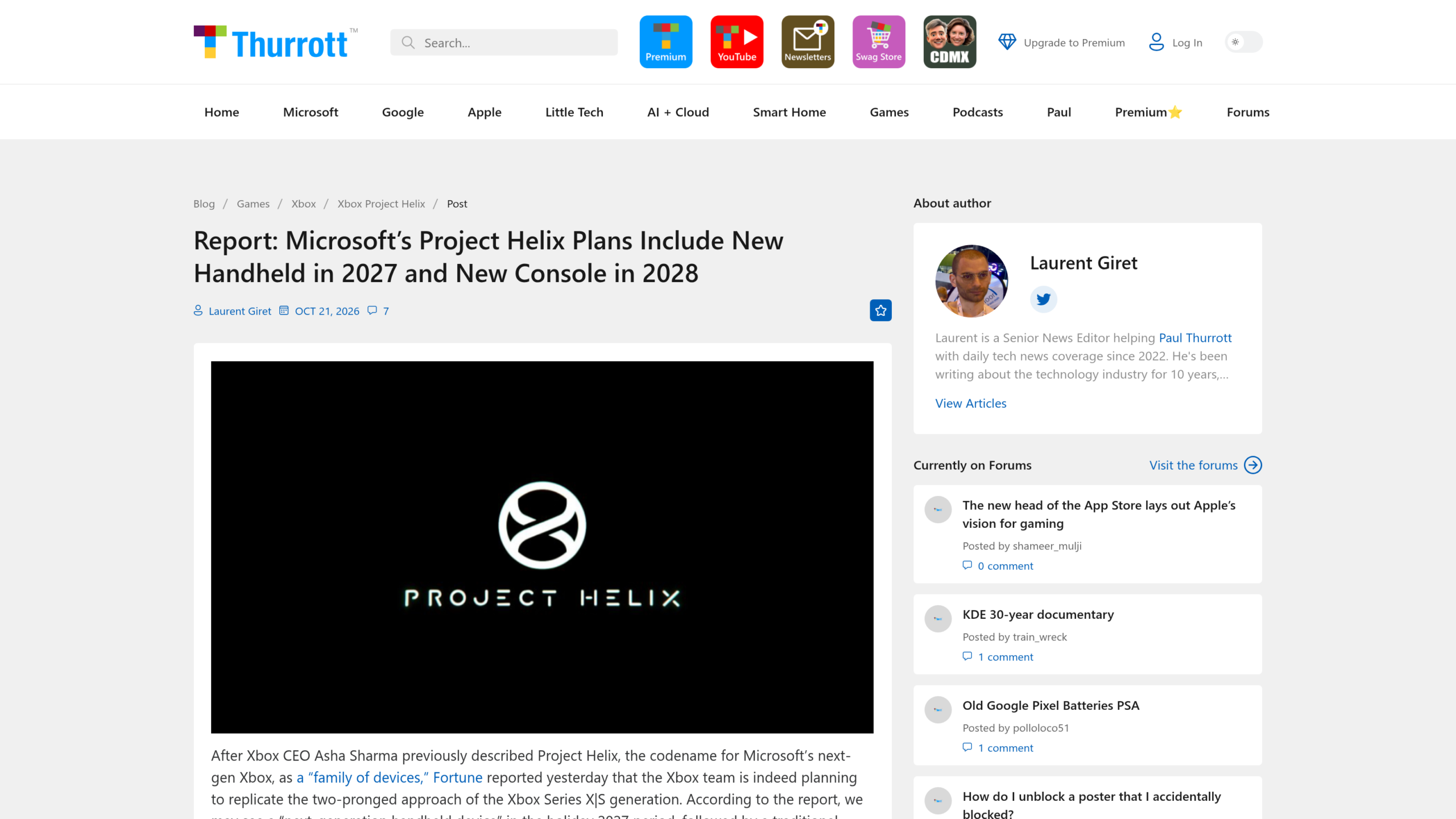 Article de Thurrott signé Laurent Giret le 21 octobre 2026, avec le logo Project Helix, sur la portable de 2027 et la console de 2028