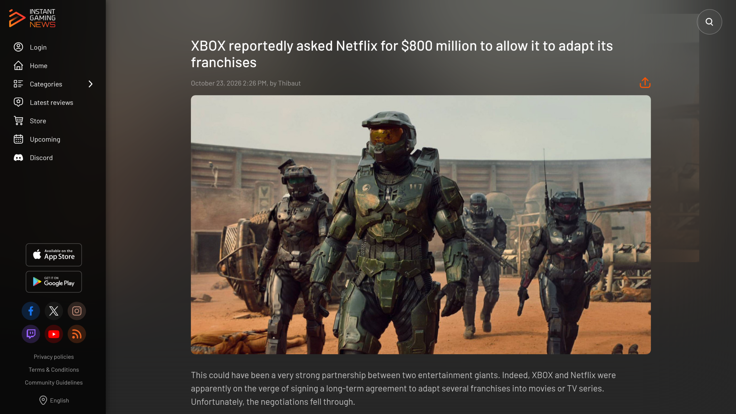 Page de l'article d'Instant Gaming News, avec trois soldats en armure verte dans un décor désertique sous le titre sur les 800 millions de dollars
