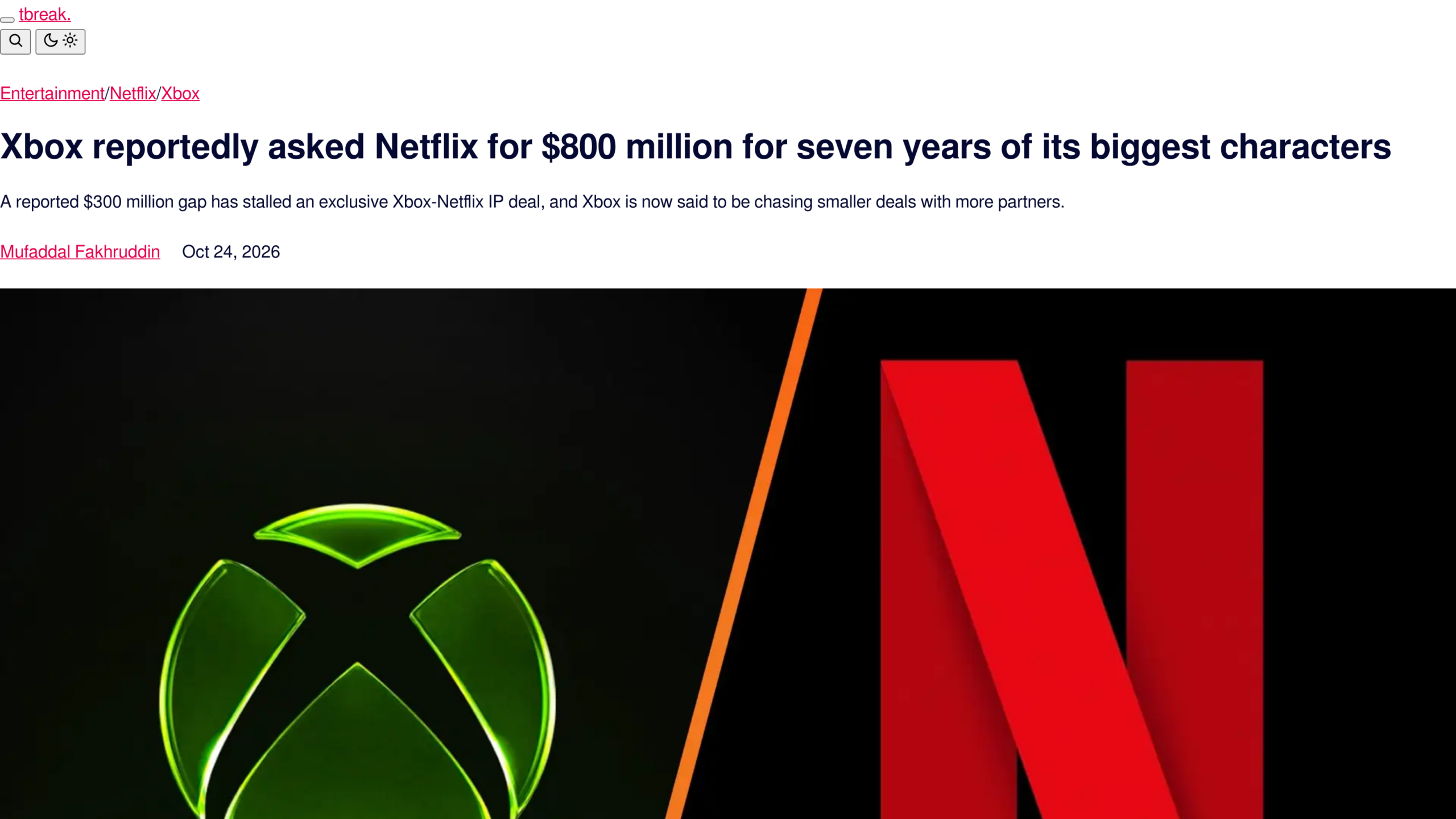 Page de tbreak : titre sur les 800 millions de dollars demandés par Xbox, au-dessus des logos Xbox et Netflix séparés par une barre orange