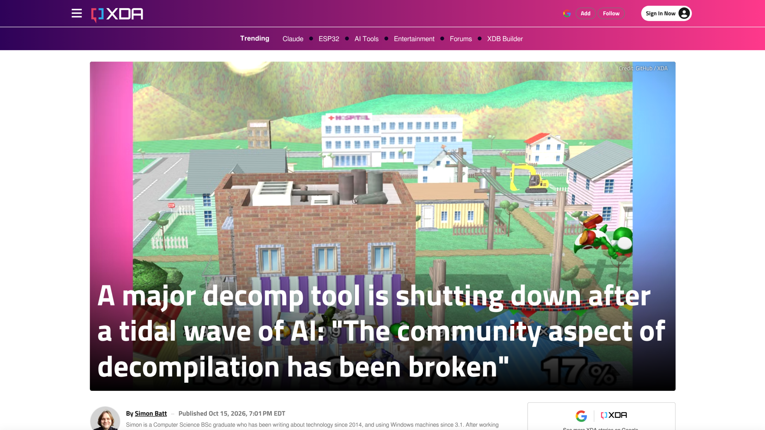 Article de XDA illustré par un niveau en trois dimensions d'un jeu Nintendo 64 reconstruit à partir de son code