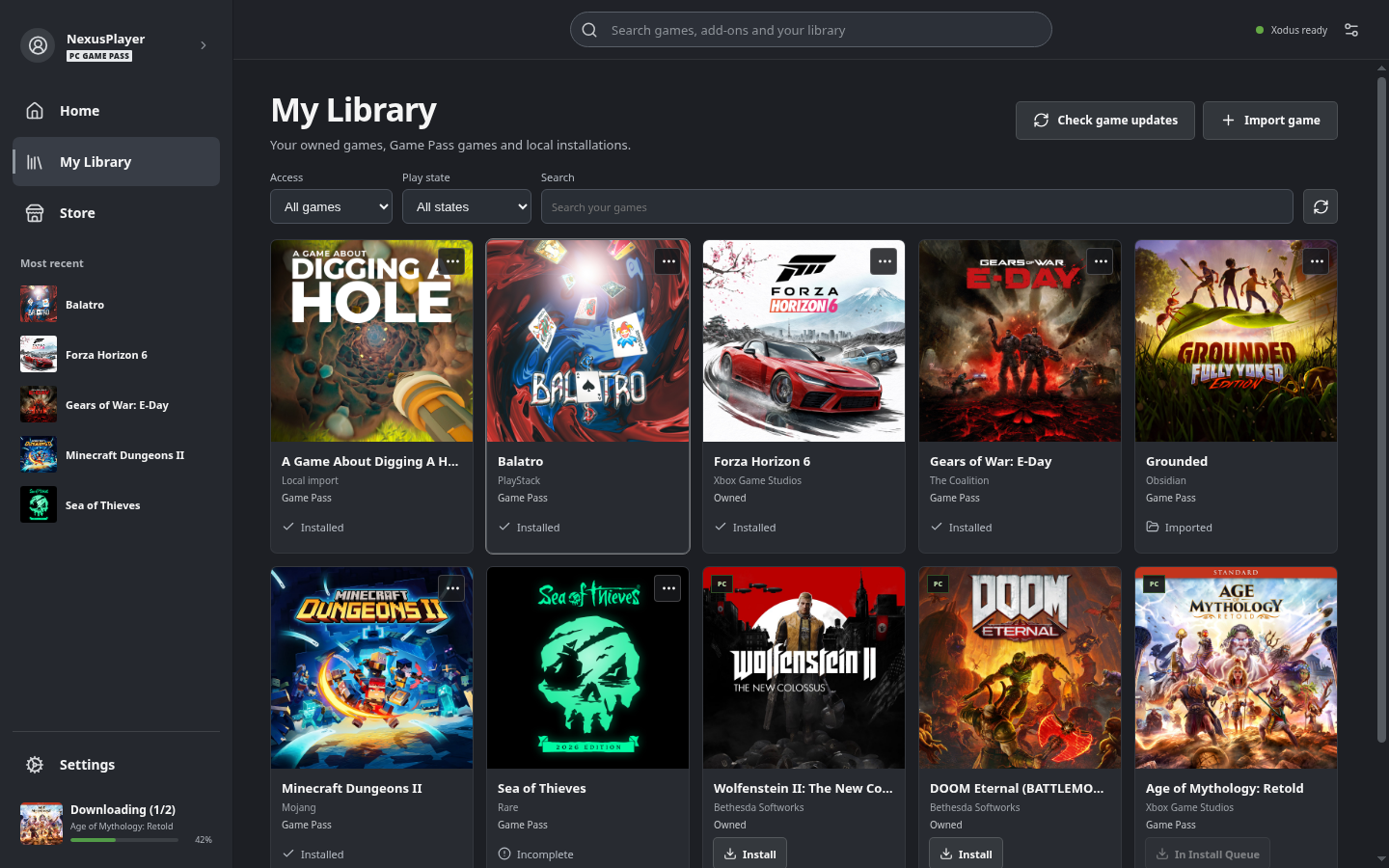 Bibliothèque du lanceur en thème sombre : Forza Horizon 6, Gears of War E-Day, Balatro et Sea of Thieves marqués installés, Age of Mythology Retold en téléchargement à 42 %