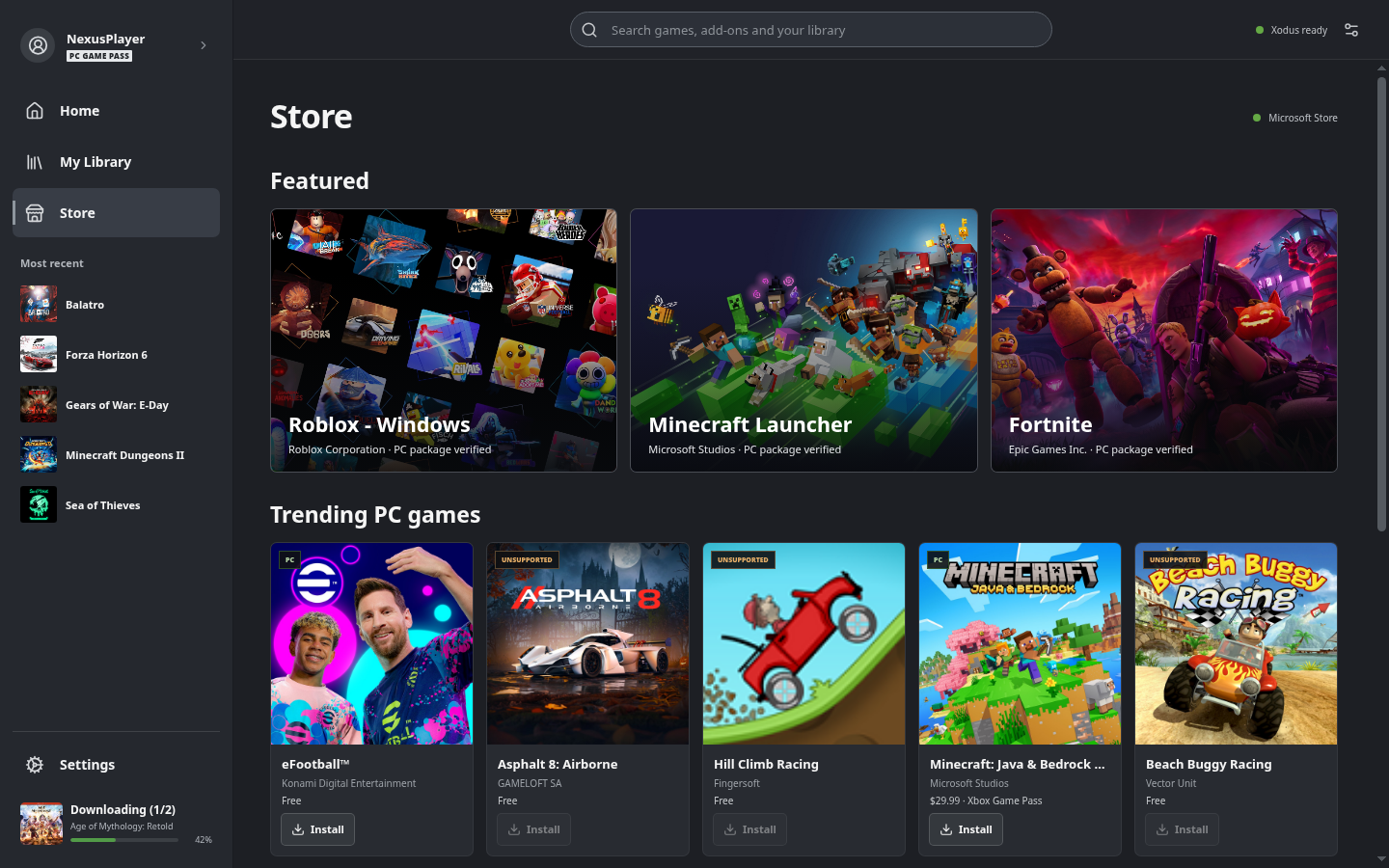 Onglet boutique du lanceur : Roblox, Minecraft Launcher et Fortnite en vedette, puis une rangée de jeux tendance avec boutons d'installation, dont trois marqués non pris en charge