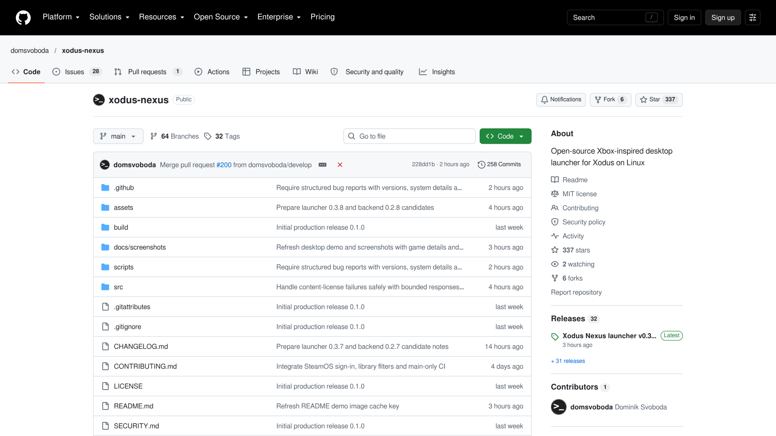 Page du dépôt domsvoboda/xodus-nexus sur GitHub : 337 étoiles, 6 forks, 258 commits, licence MIT, 32 versions publiées et un seul contributeur