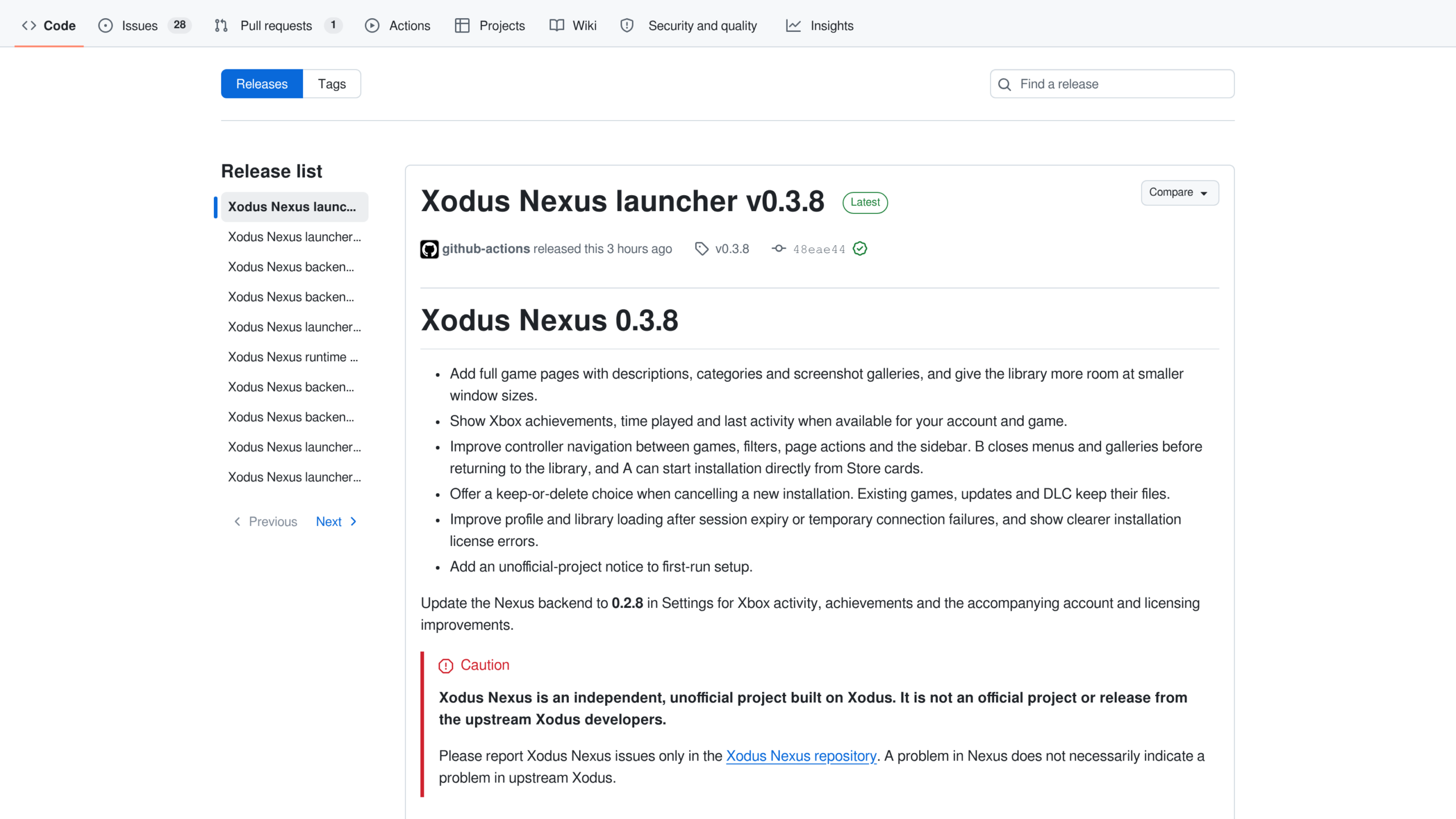 Notes de la version 0.3.8 du lanceur, publiée le 19 octobre 2026, avec un encadré rouge Caution précisant qu'il s'agit d'un projet indépendant et non officiel