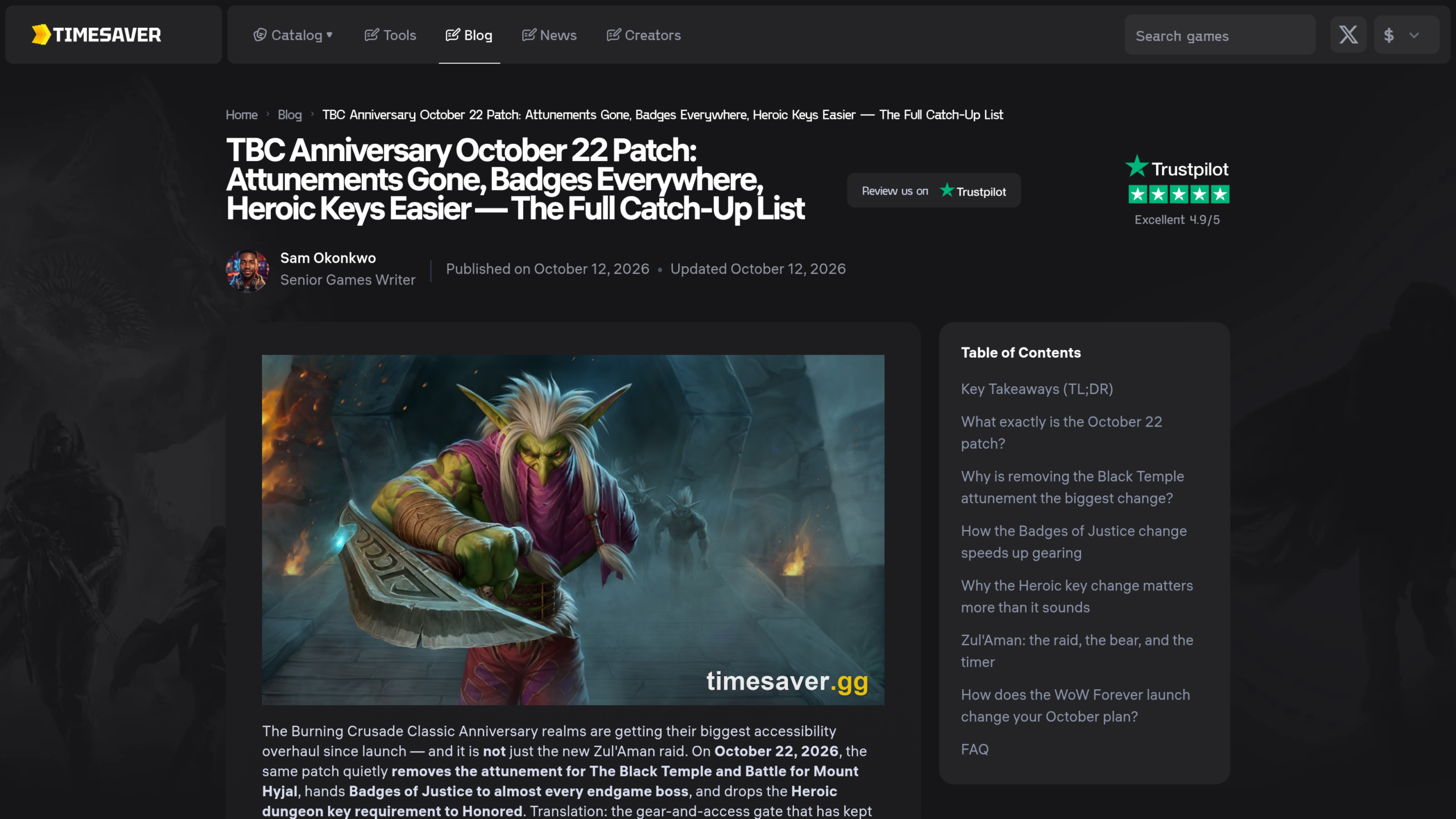 Article de Timesaver du 12 octobre 2026 intitulé « TBC Anniversary October 22 Patch », avec un gobelin masqué tenant une lame et la liste des changements du patch
